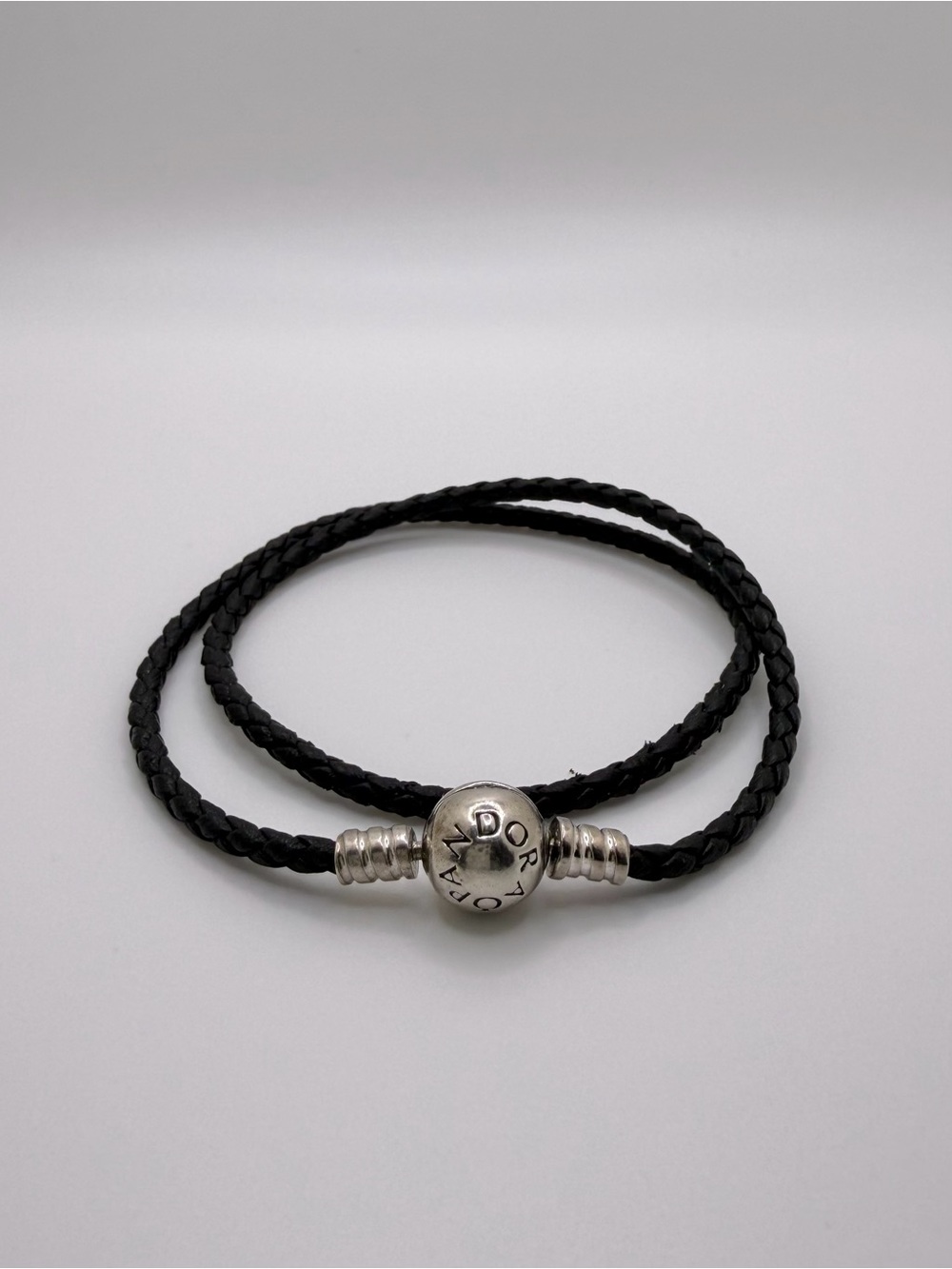 Pandora S925 ALE Black Double Wrap Braided Leather Charm Bracelet 15”